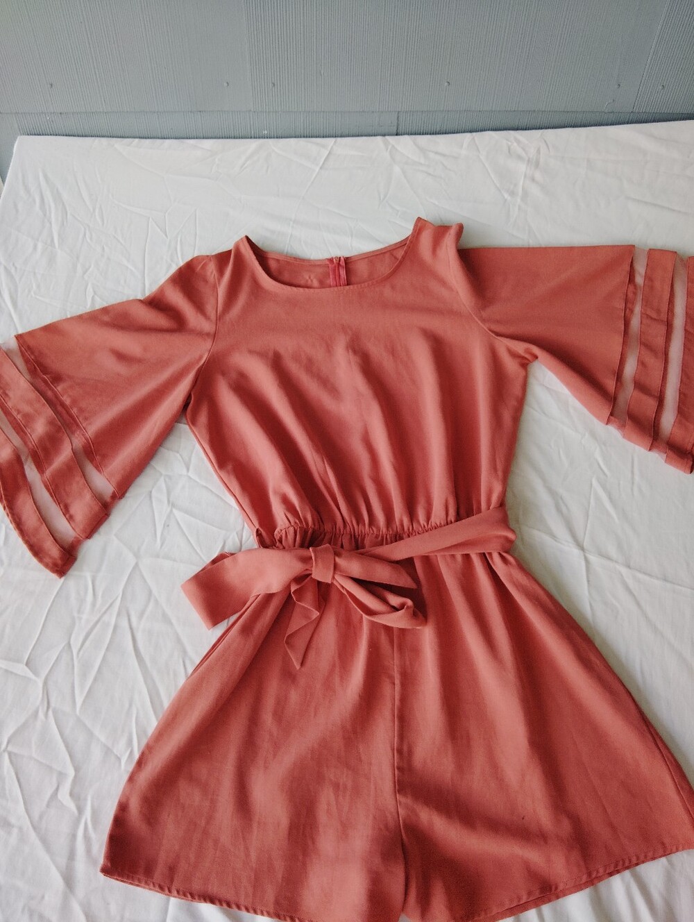 Brandt Coral Tie-Waist ROMPER with Bell Sleeves